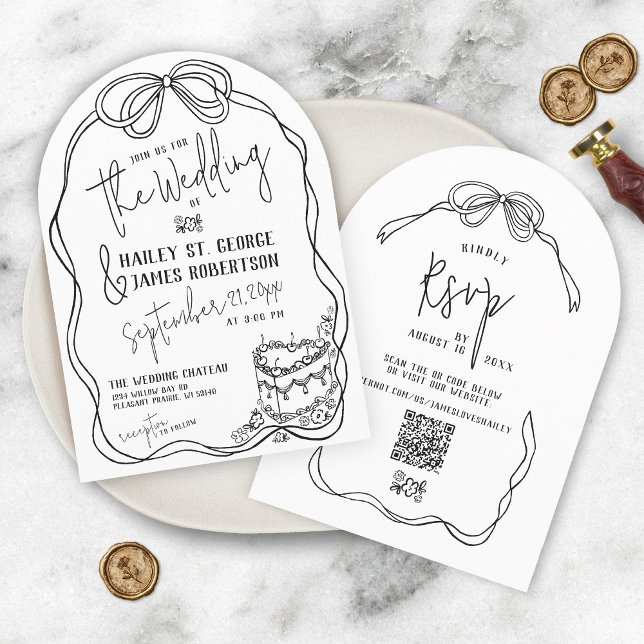 Invitación Moderno arco dibujado a mano boda retro NEGRO (Retro modern arch hand drawn black and white coquette bow floral vintage simple  wedding invitation)