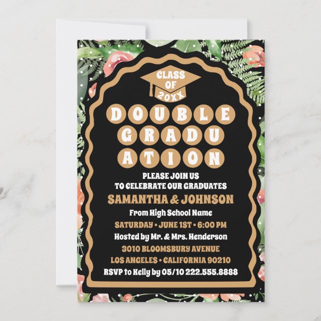 Invitación Moderno Arco floral de oro negro de doble graduaci (Anverso)