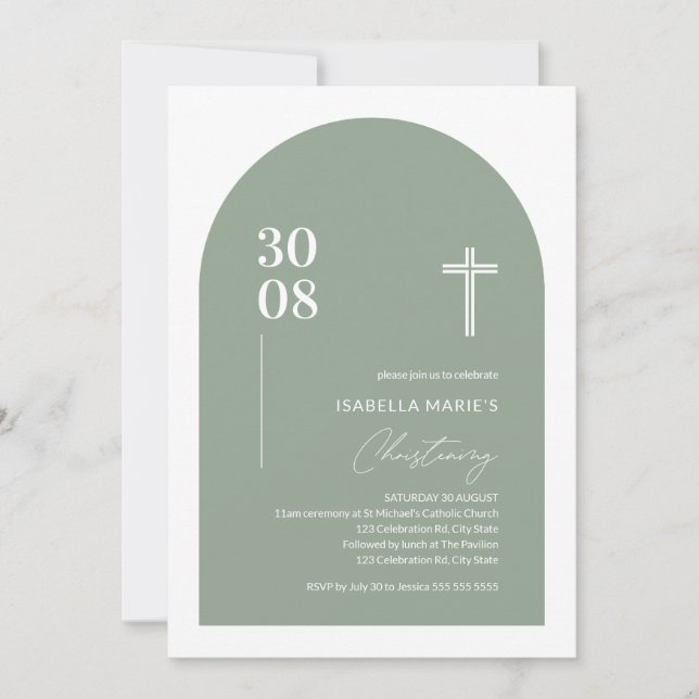 Invitación Moderno Arco Minimalista Verde Sage Christening In (Anverso)