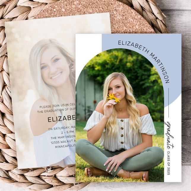 Invitación Moderno Arco Mínimo 2 Foto Graduación Azul (Subido por el creador)