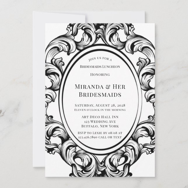 Invitación Moderno Art Deco Black Foliage Bridesmaids Luncheo (Anverso)