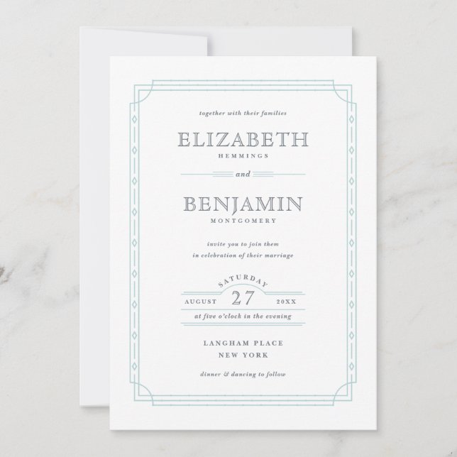 Invitación Moderno Art Deco Boda blanco de borde de menta (Anverso)