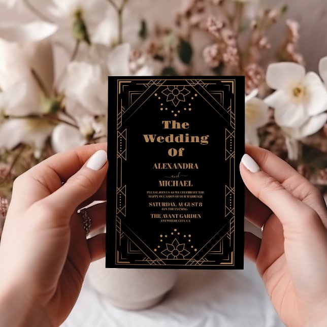 Invitación Moderno Art Deco Boda Negro y Oro (Subido por el creador)