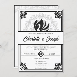 Invitación Moderno Art Deco Cisne Boda blanco y negro