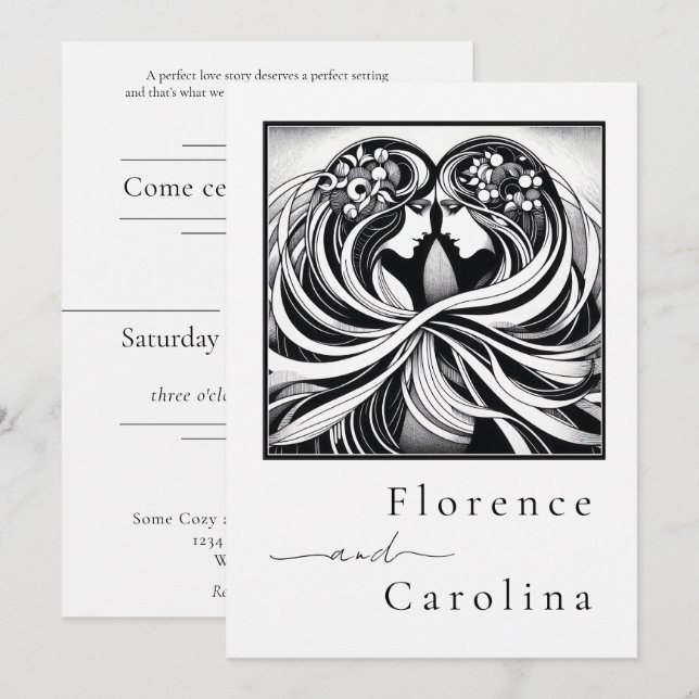 Invitación Moderno Art Deco Clásico Boda Blanco y Negro (Anverso / Reverso)