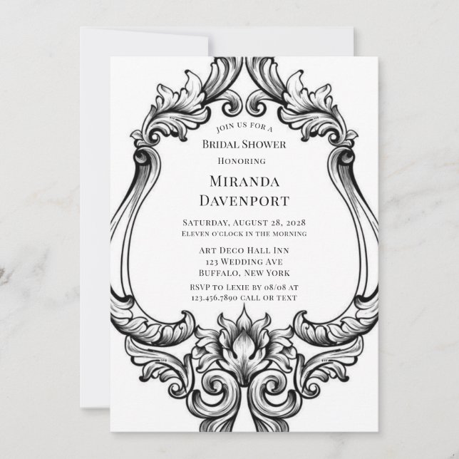 Invitación Moderno Art Deco Negro Foliage Bridal Shower (Anverso)