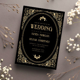 Invitación Moderno Art Deco Negro y Boda de oro