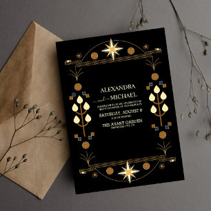 Invitación Moderno Art Deco Negro y Boda de oro