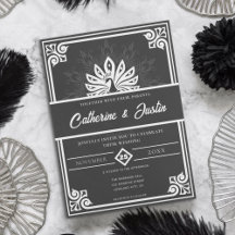 Moderno Art Deco Peacock Blanco y Negro Boda