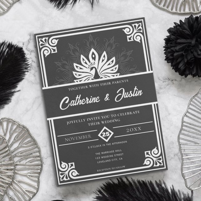 Invitación Moderno Art Deco Peacock Blanco y Negro Boda (Subido por el creador)