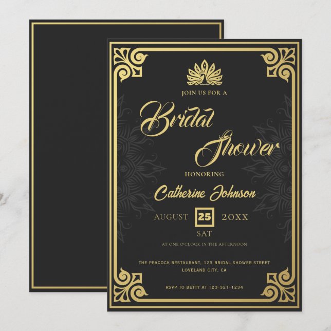 Invitación Moderno Art Deco Peacock Gold Black Bridal Shower (Anverso / Reverso)