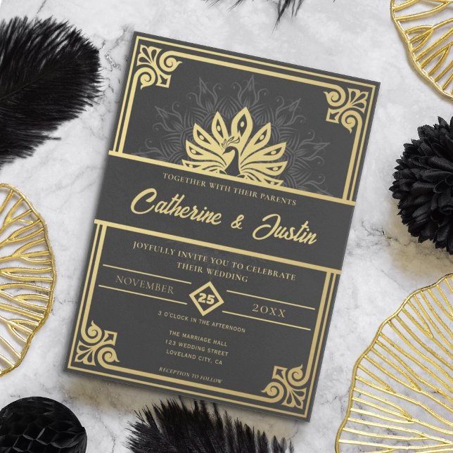 Invitación Moderno Art Deco Peacock Gold y Boda negro (Subido por el creador)