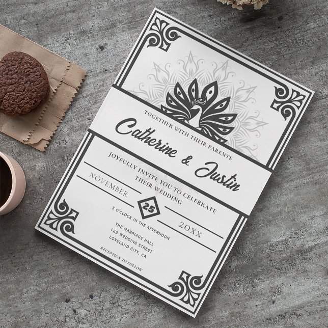 Invitación Moderno Art Deco Peacock Negro y Boda Blanco (Subido por el creador)