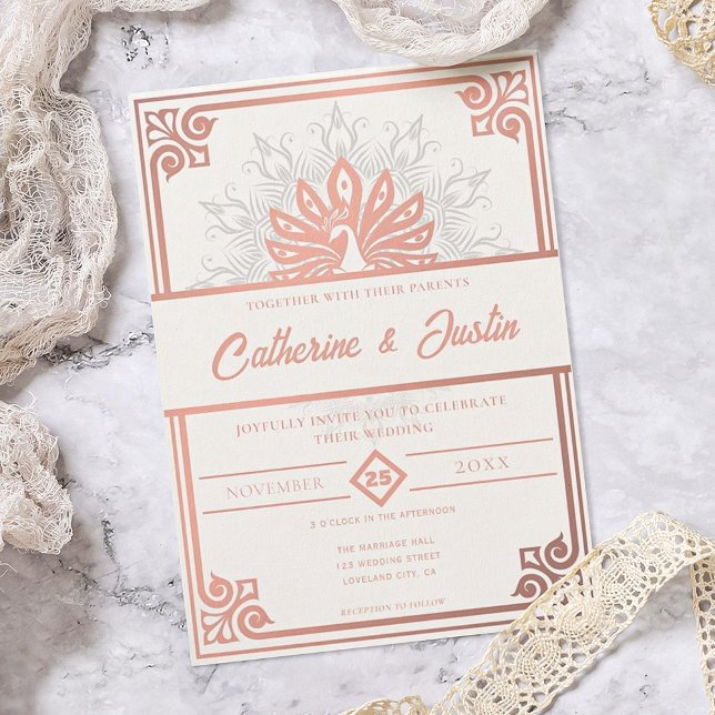 Invitación Moderno Art Deco Peacock Rubor Rosa Boda Rosa (Subido por el creador)