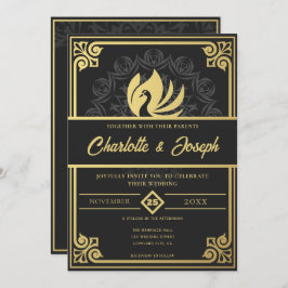 Invitación Moderno Art Deco Swan Gold y Black Boda