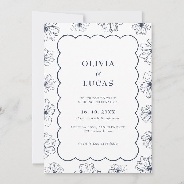Invitación Moderno arte floral trama marco azul Boda (Anverso)