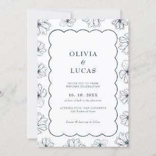 Invitación Moderno arte floral trama marco azul Boda