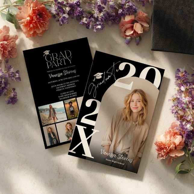 Invitación Moderno audaz blanco negro moderno 6 fotos graduac (Modern Bold White Black Trendy 6 photos graduation Invitation)