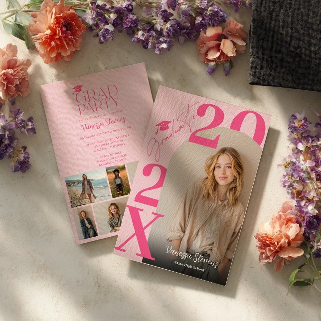 Invitación Moderno audaz retro rosa tendencias 6 fotos gradua (Modern Bold Retro Pink Trendy 6 photos graduation Invitation)