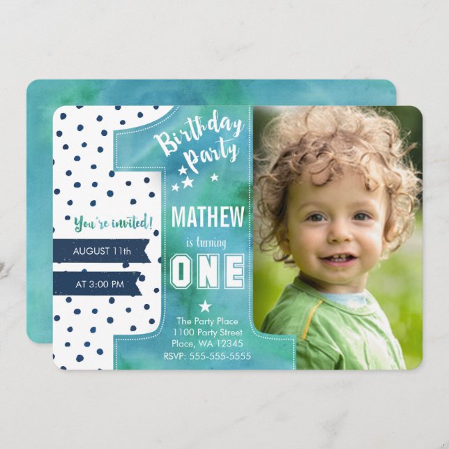 Invitación Moderno | Azul | Acuarela | Primer cumpleaños | (Anverso / Reverso)