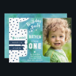 Invitación Moderno | Azul | Acuarela | Primer cumpleaños |<br><div class="desc">Invitación a la moda para tu pequeño que cumple un año,  con uno grande en acuarela y con fondo de puntos</div>