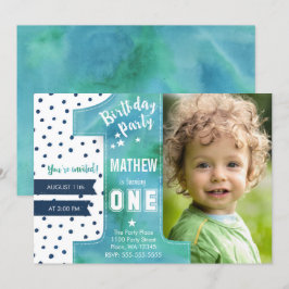 Invitación Moderno | Azul | Acuarela | Primer cumpleaños |