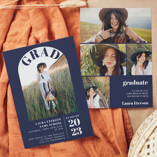 Invitación Moderno azul marino elegante 5 fotos graduación (Subido por el creador)