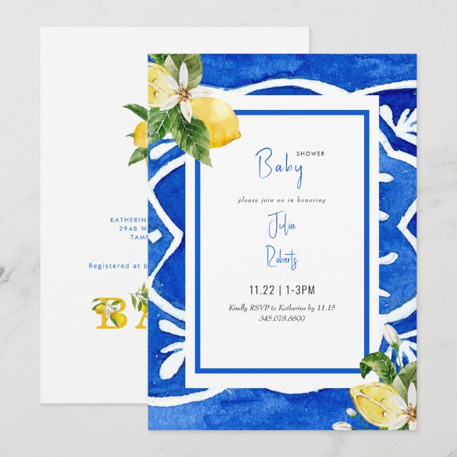 Invitación Moderno Azul Mediterráneo Baby Shower Inv (Anverso / Reverso)
