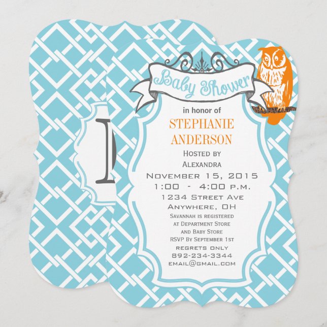Invitación Moderno Baby Boy Patrón Geométrico Ducha de Lechuz (Anverso / Reverso)