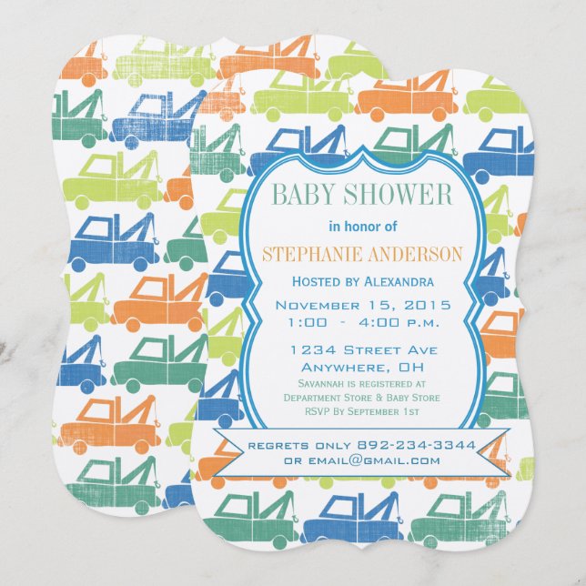 Invitación Moderno Baby Boy Tow Truck Shower (Anverso / Reverso)