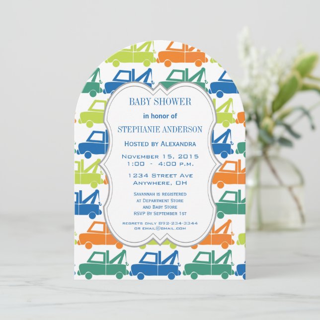 Invitación Moderno Baby Boy Tow Truck Shower (Anverso de pie)