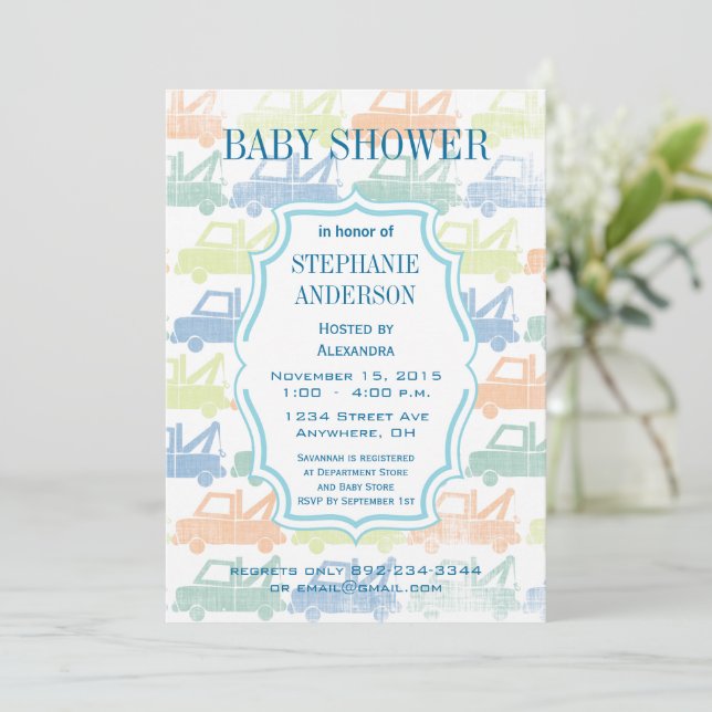 Invitación Moderno Baby Boy Tow Truck Shower (Anverso de pie)