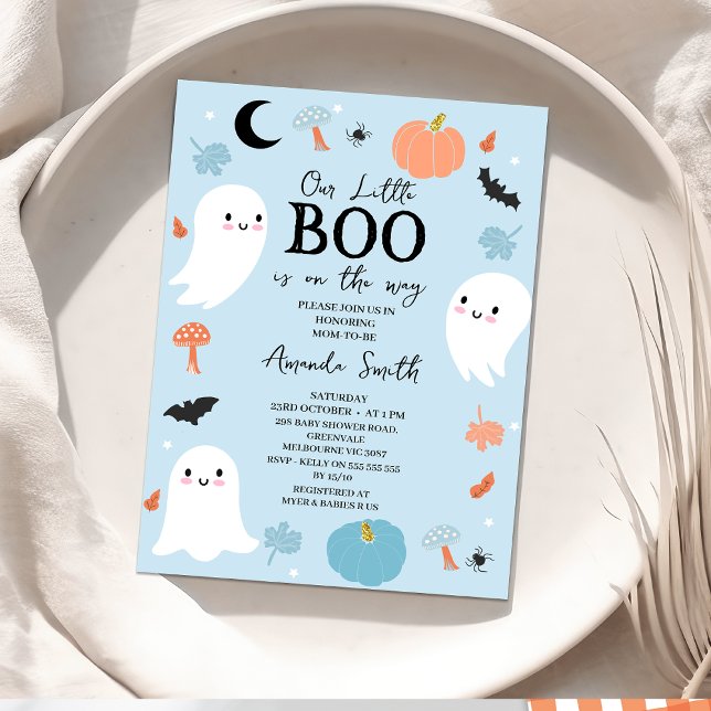 Invitación Moderno Baby Shower de Halloween Blue Little Boo (Blue Halloween Baby Shower Invitation, Our Little Boo baby Shower Invitation, Ghosts October Baby )