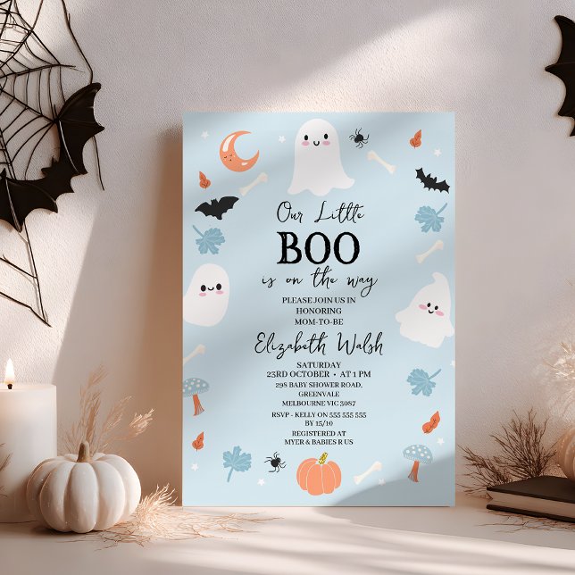Invitación Moderno Baby Shower de Halloween Blue Little Boo (A Little Boo is Almost Due Baby Shower Invitation, Little Boo Is Due Halloween Baby Shower Invite

)