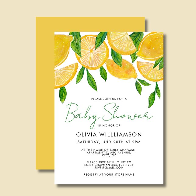 Invitación Moderno Baby Shower de limón mediterráneo (Lemon Baby Shower Invitation and matching party collection.)