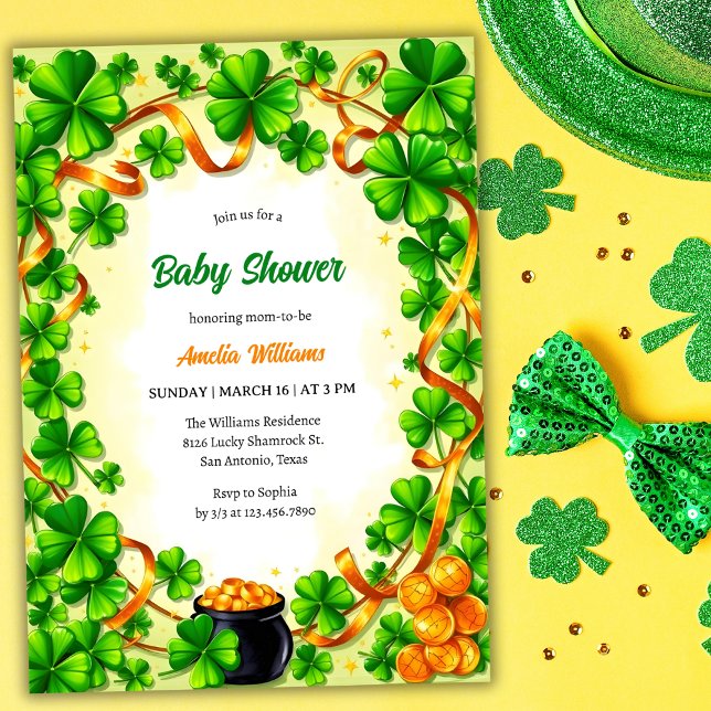 Invitación Moderno Baby Shower Gold & Lucky Shamrock (Modern Gold & Lucky Shamrock Baby Shower Invitation)