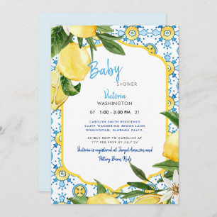 Invitación Moderno Baby Shower mediterráneo Blue & Lemons