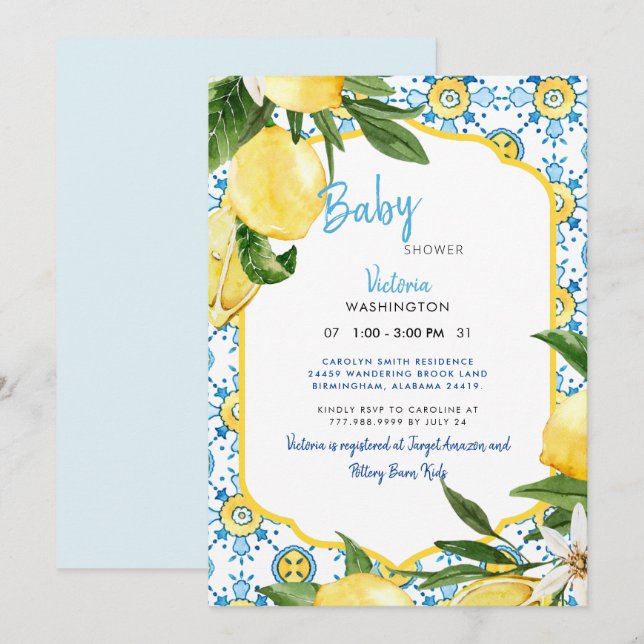 Invitación Moderno Baby Shower mediterráneo Blue & Lemons (Anverso / Reverso)