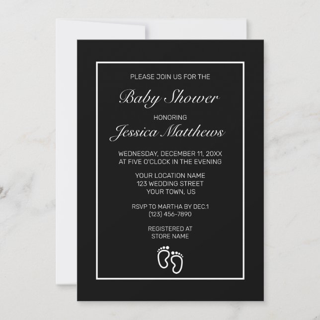Invitación Moderno Baby Shower negro Minimalista (Anverso)