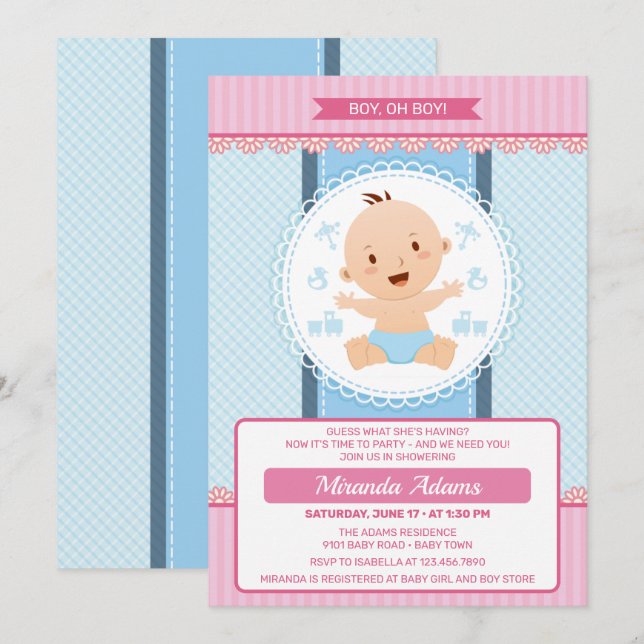 Invitación Moderno Baby Shower Pink Blue Boy (Anverso / Reverso)