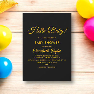 Invitación Moderno Baby Shower Sencillo Negro Y Dorado Elegan