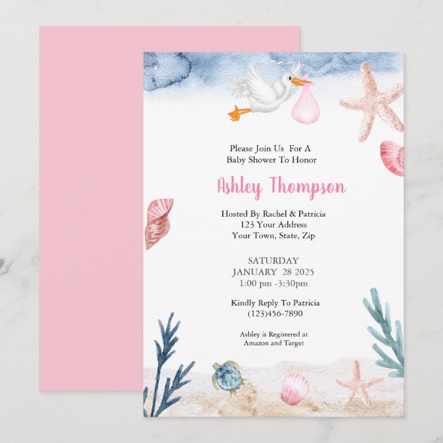 Invitación Moderno bajo el rosa de la cigüeña marina (Anverso / Reverso)