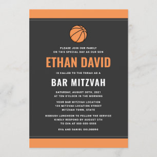 Invitación Moderno baloncesto gris oscuro y bar naranja mitzv