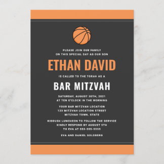 Invitación Moderno baloncesto gris oscuro y bar naranja mitzv