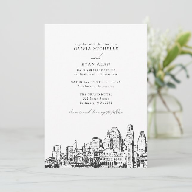 Invitación Moderno Baltimore Skyline Boda blanco y negro (Anverso de pie)