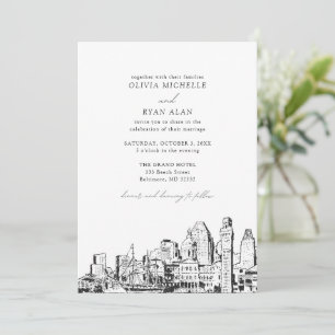 Invitación Moderno Baltimore Skyline Boda blanco y negro