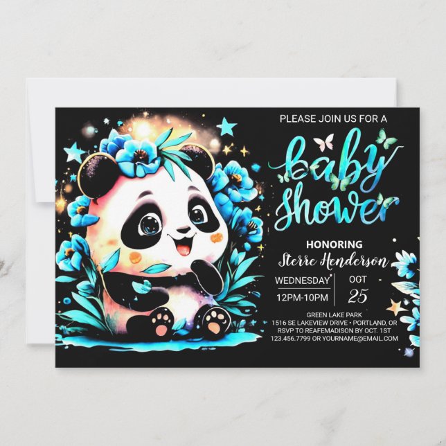 Invitación Moderno Bambú Azul Panda Boy Baby Shower (Anverso)