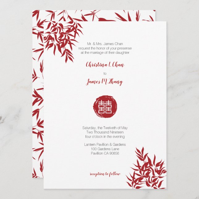 Invitación Moderno Bambú rojo doble felicidad Boda chino (Anverso / Reverso)