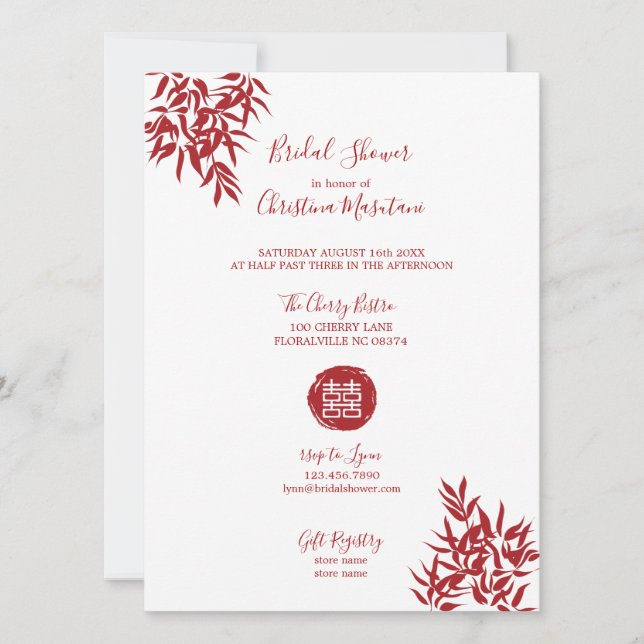 Invitación Moderno Bambú Rojo Doble Felicidad Ducha Bridal (Anverso)