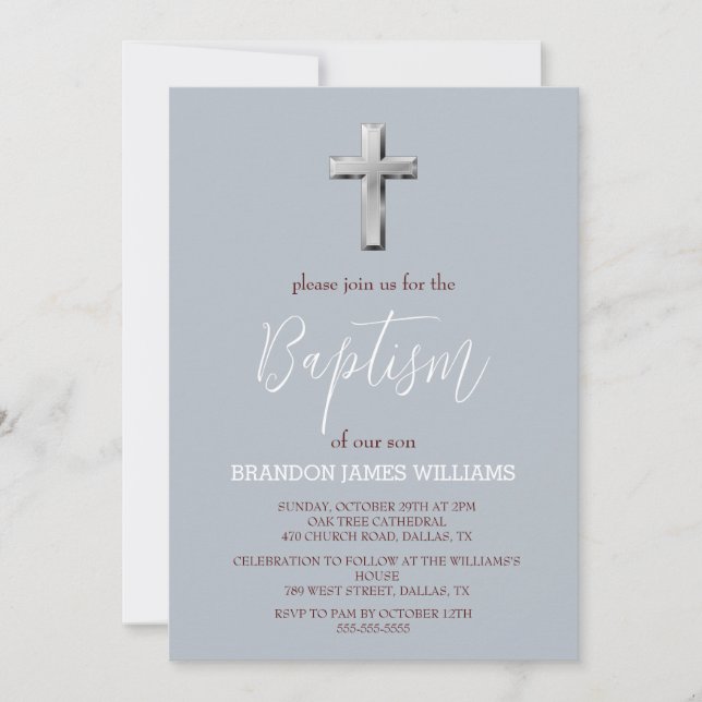 Invitación Moderno Baptismo de la Cruz Azul Dusty Sencillo y  (Anverso)
